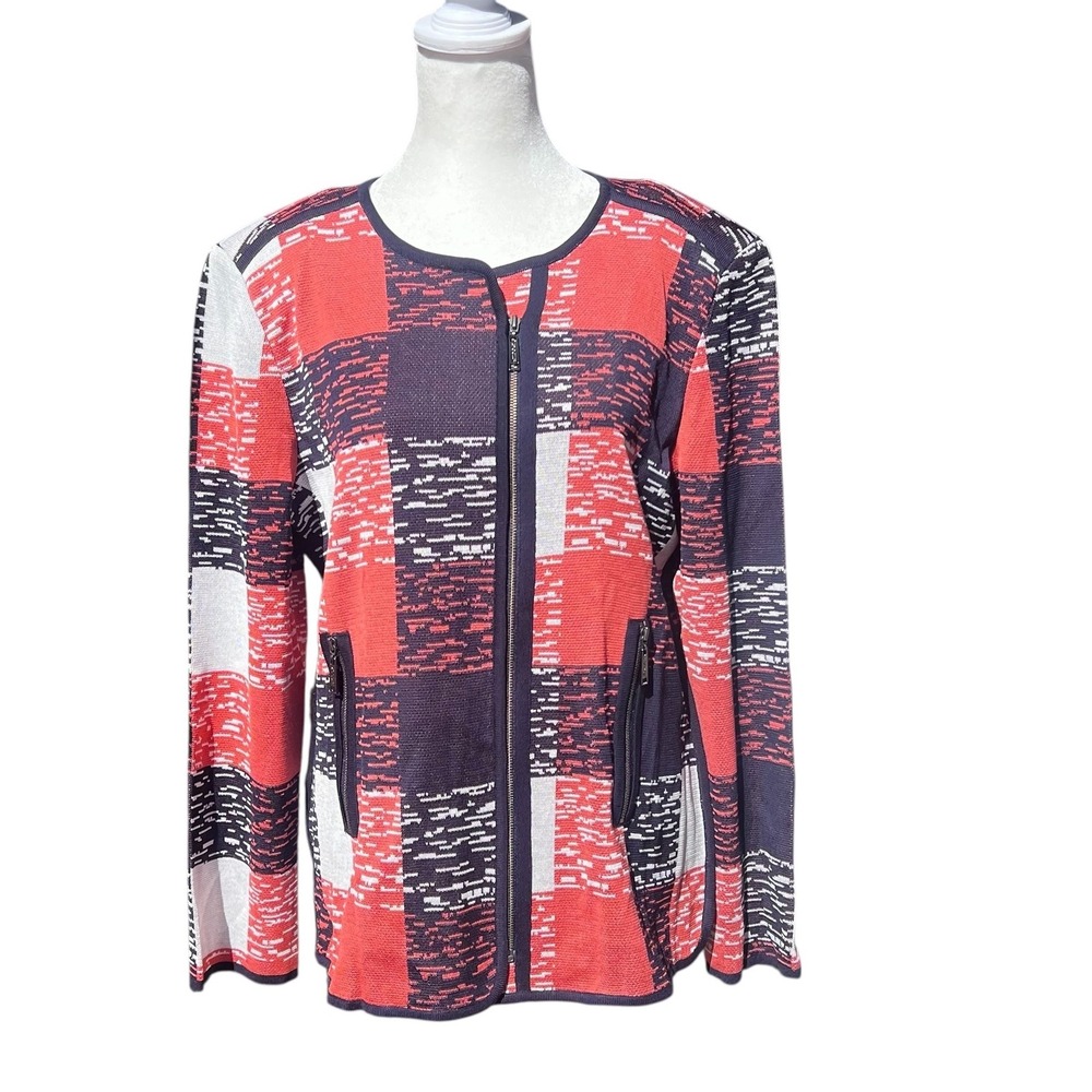 Misook Graphic Color Block Orange Blue Full Zip Cardigan Jacket Medium Pockets